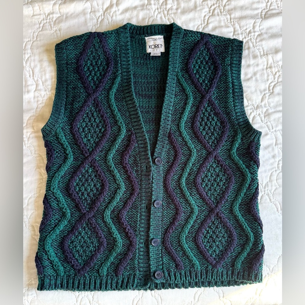 VINTAGE 1980’s Koret Hand Knit Sweater Vest navy blue green size medium